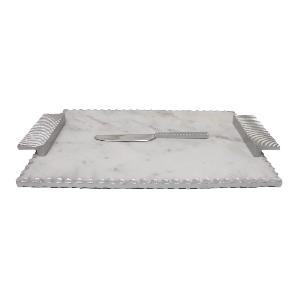 Marble Challah Board Silver Polish with Handles and Knife