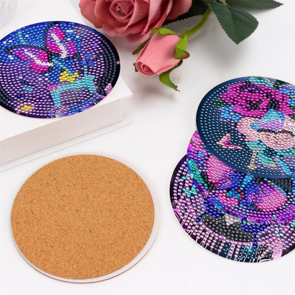 10 Pcs Butterfly Diamond Art Painting Coasters Diamond Art Coasters with Holder, DIY Flowers Diamond Art Painting Kits for Beginners, Adults & Kids, Diamond Kits Craft Supplies, Coasters Gift