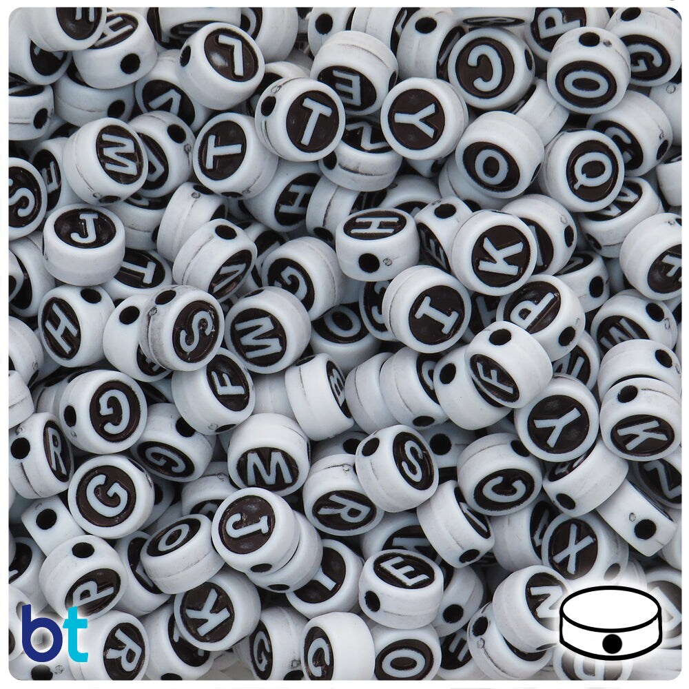 BeadTin White &#x26; Black Opaque 10mm Coin Plastic Alpha Beads - White Letter Mix (150pcs)