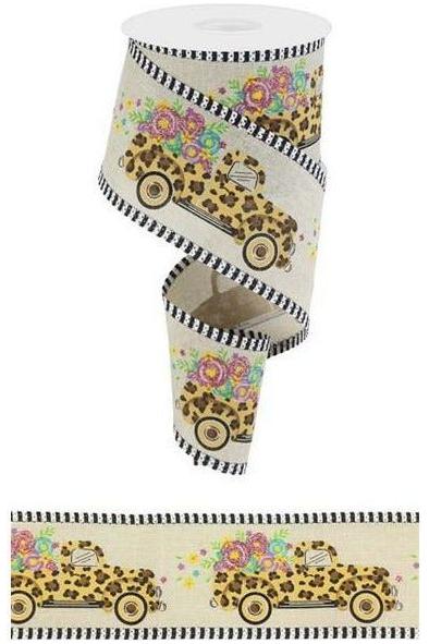 2.5&#x22; Leopard Truck Flower Stripe Ribbon: Natural (10 Yards)