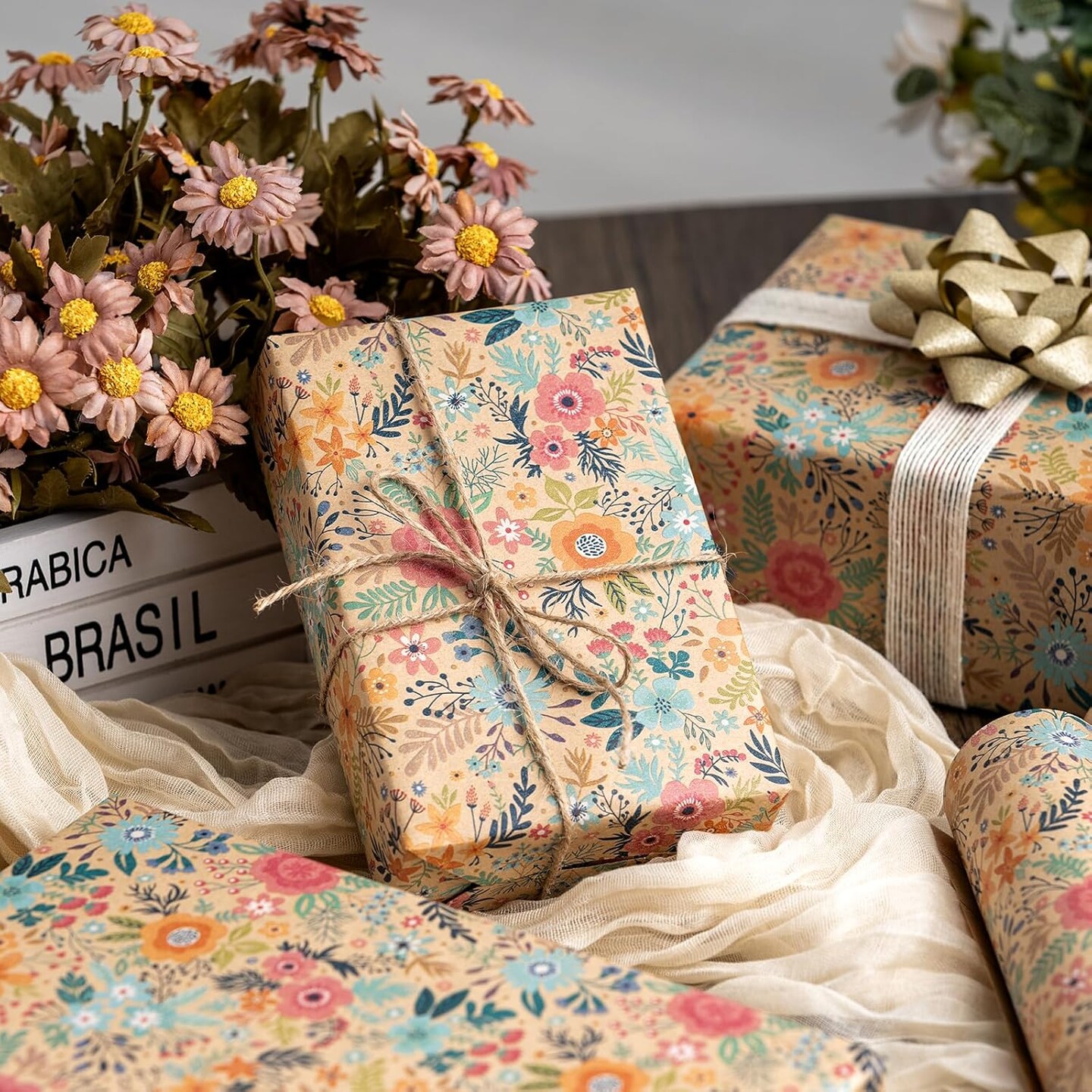 Colorful Floral Kraft Wrapping Paper Roll - 17Inch x 33Feet