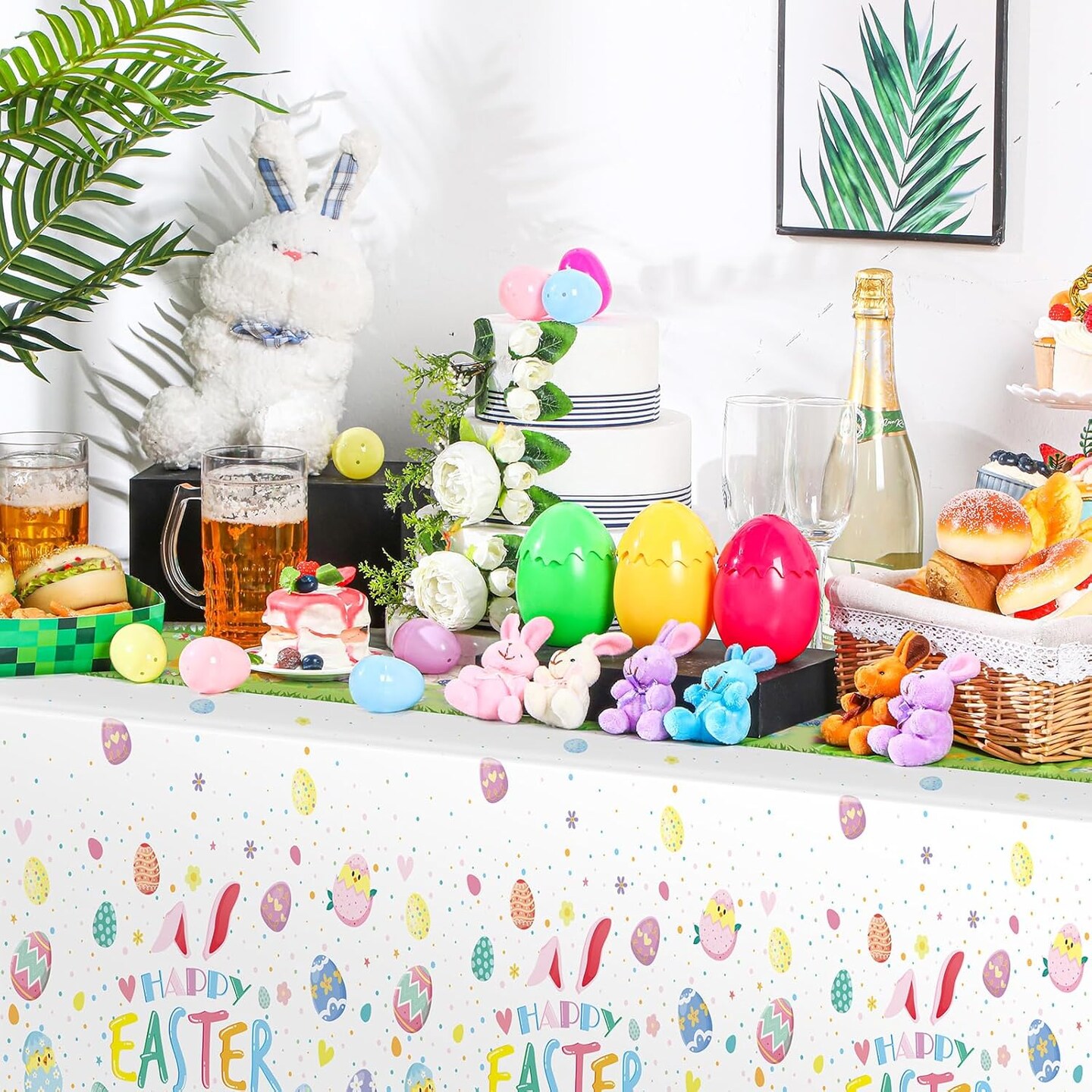 3 Pcs Easter Tablecloth 54 x 108 Inch Spring Easter Table Cover Disposable Plastic Tablecloths Rectangle Table Cloth for Indoor Outdoor Birthday Baby Shower Party Supplies(Bunny, Egg)