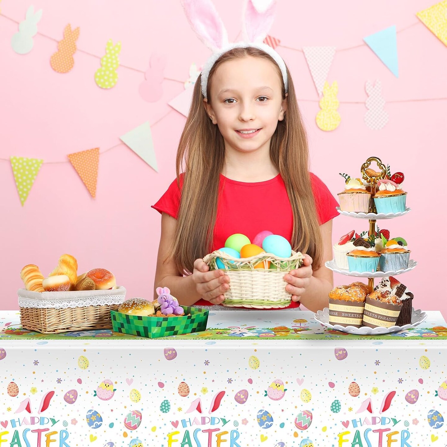 3 Pcs Easter Tablecloth 54 x 108 Inch Spring Easter Table Cover Disposable Plastic Tablecloths Rectangle Table Cloth for Indoor Outdoor Birthday Baby Shower Party Supplies(Bunny, Egg)