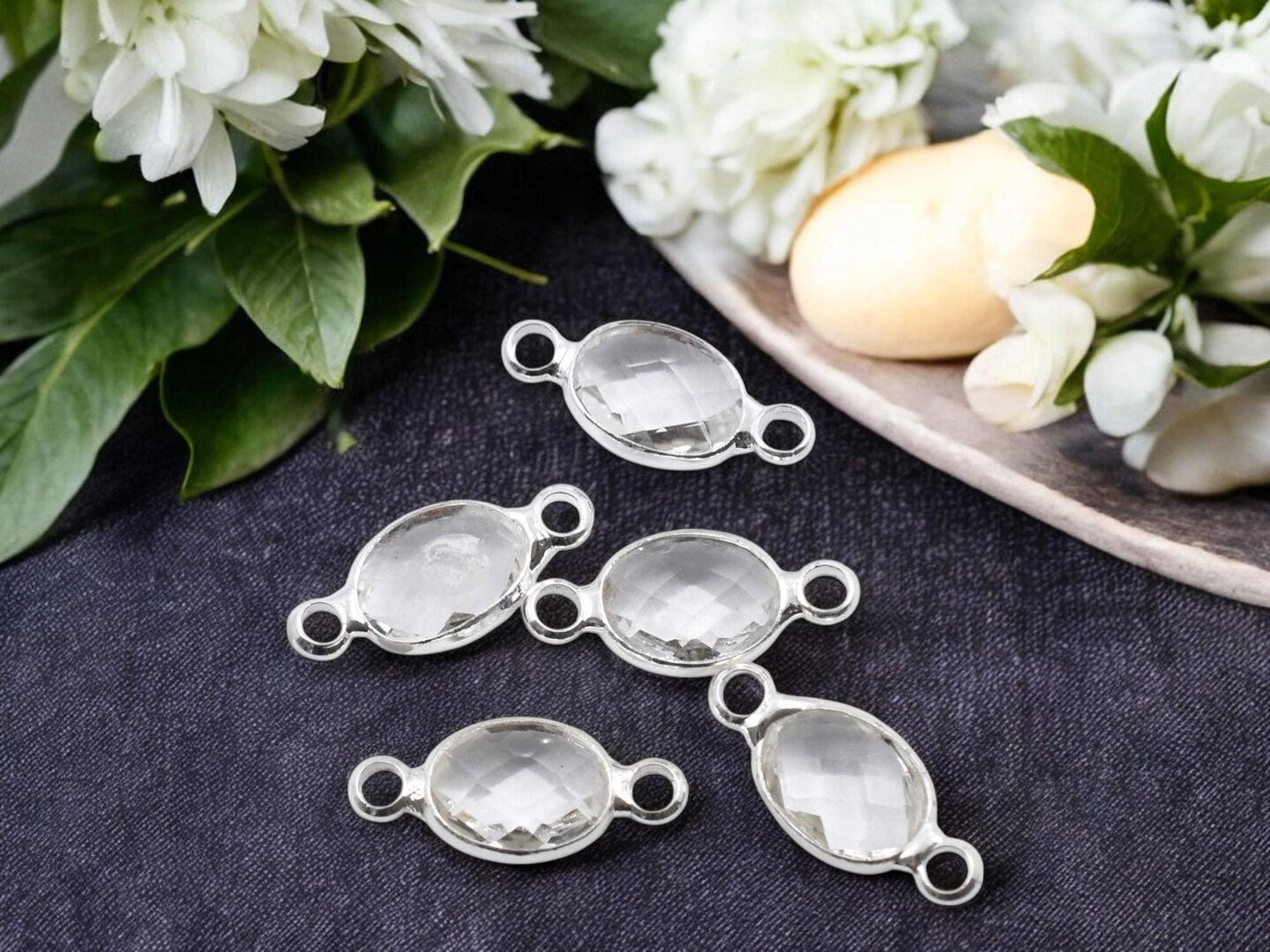 *10* 15x7mm Silver Plated Brass Surrounded Clear Glass Connectors