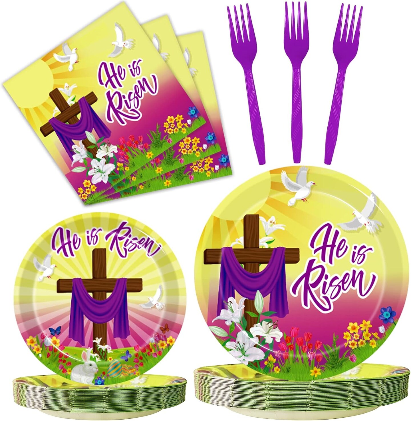 96 Pcs Easter He is Risen Paper Plates Napkins, Easter Religious Inspiring Party Decorations Supplies Disposable Dinnerware Tableware Set, Serves 24