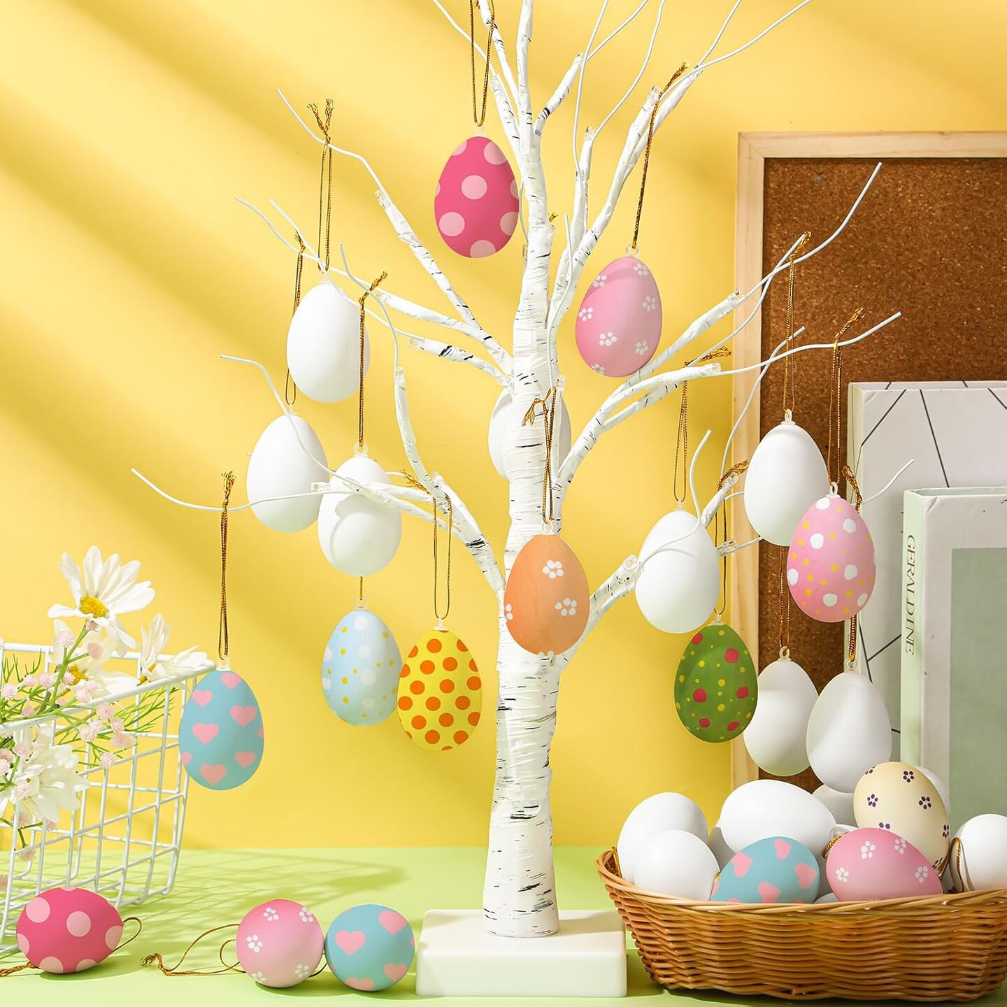 100 Pcs White Blank Easter Eggs Ornaments Bulk Decoration with 24 Marker Pens 24 Paints 4 Brushes Paintable Hanging Plastic Easter Eggs