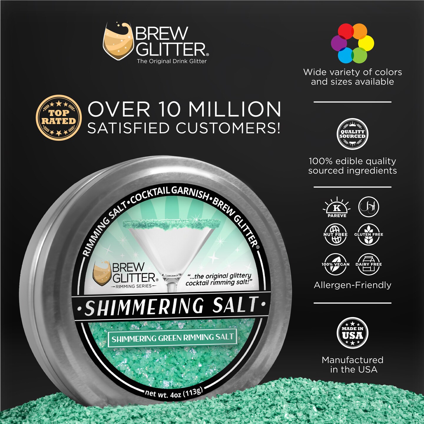 Brew Glitter - Shimmering Green Rimming Salt (4oz, 1x Bar Tin) Edible Glitter Blended Cocktail Garnish for Mixed Drinks and Beverages