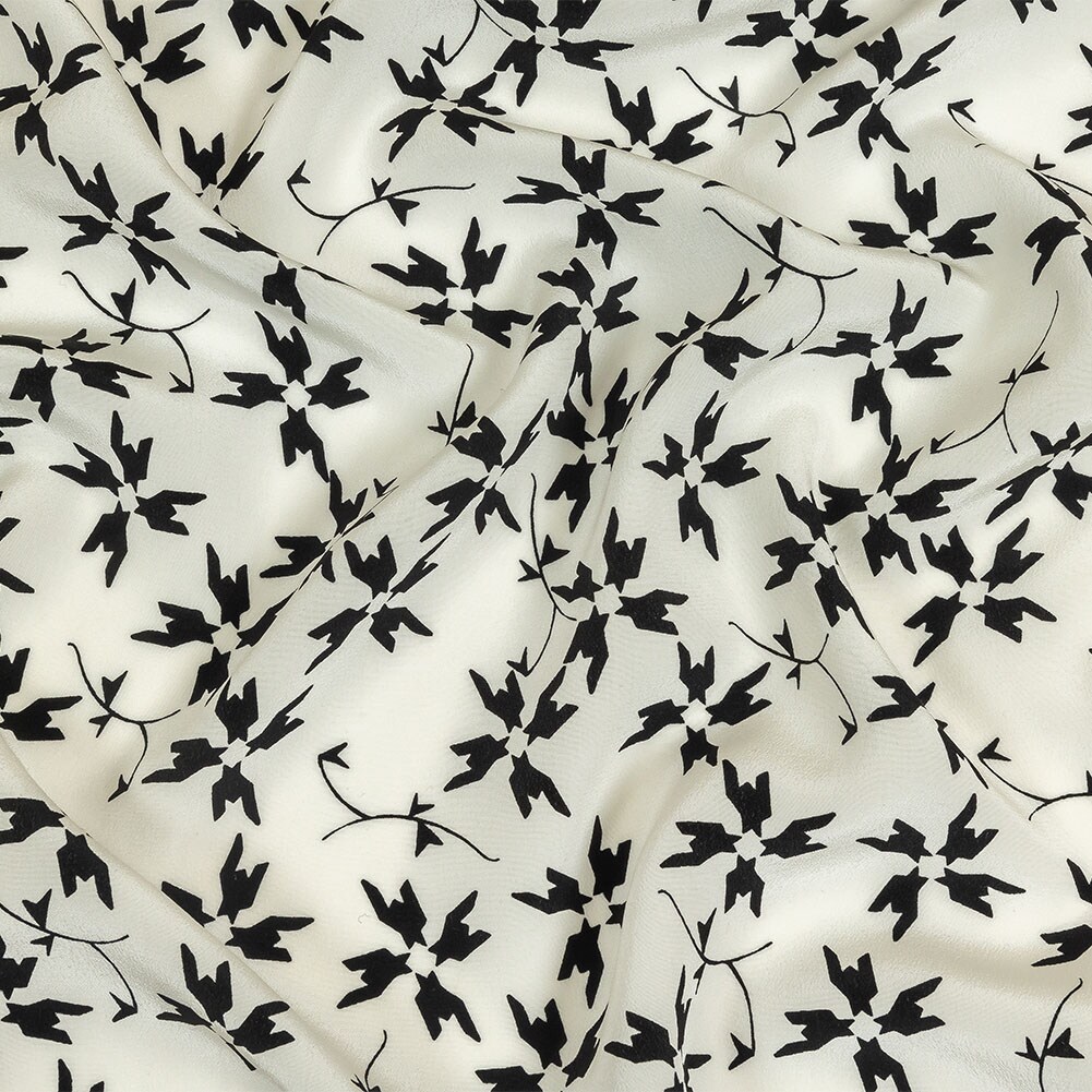 1 Yard Black & White Floral Silk Crepe de Chine 44" Wide Designer Fabric for Wrap Dresses & Scarves