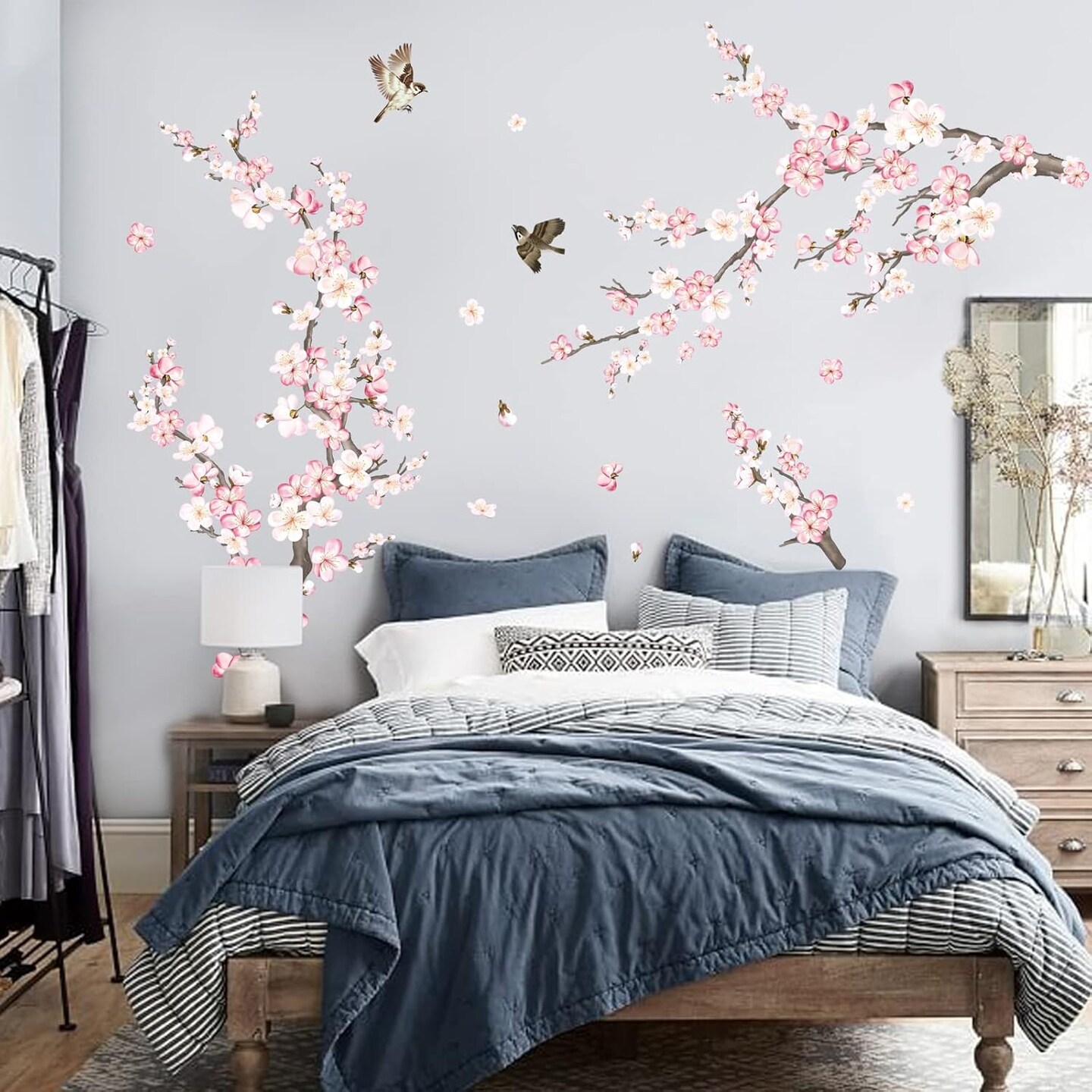 Cherry Blossom Wall Stickers Pink and White Flower Tree Branch Peel (Multicolor)