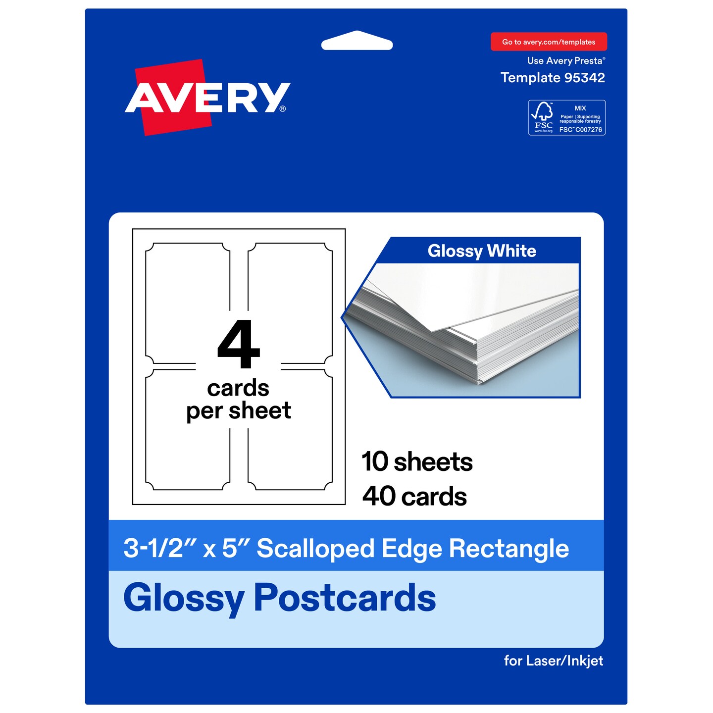 Avery Glossy White Postcards, 3-1/2" x 5" Rectangle Scalloped Edge