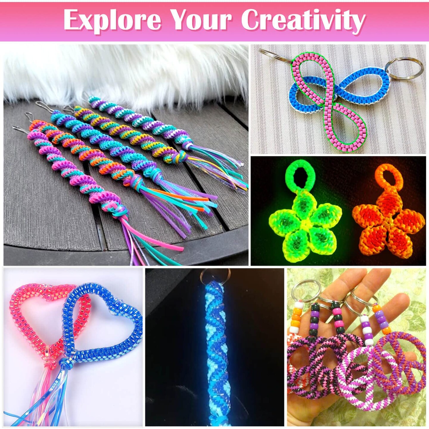 Lanyard String Kit, Cridoz 25 Bundles Gimp String Plastic Lacing Cord with 20pcs Snap Clip Hooks and Keyrings for Boondoggle Crafts, Bracelets and Lanyard Weaving (Laser & Glow in Dark)