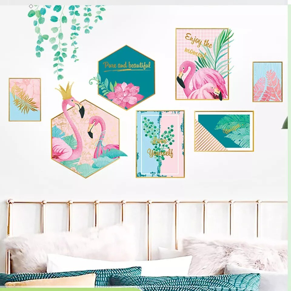 Pink Green Flamingo Frame Wall Stickers Tropical Leaves Removable PVC Dorm Room
