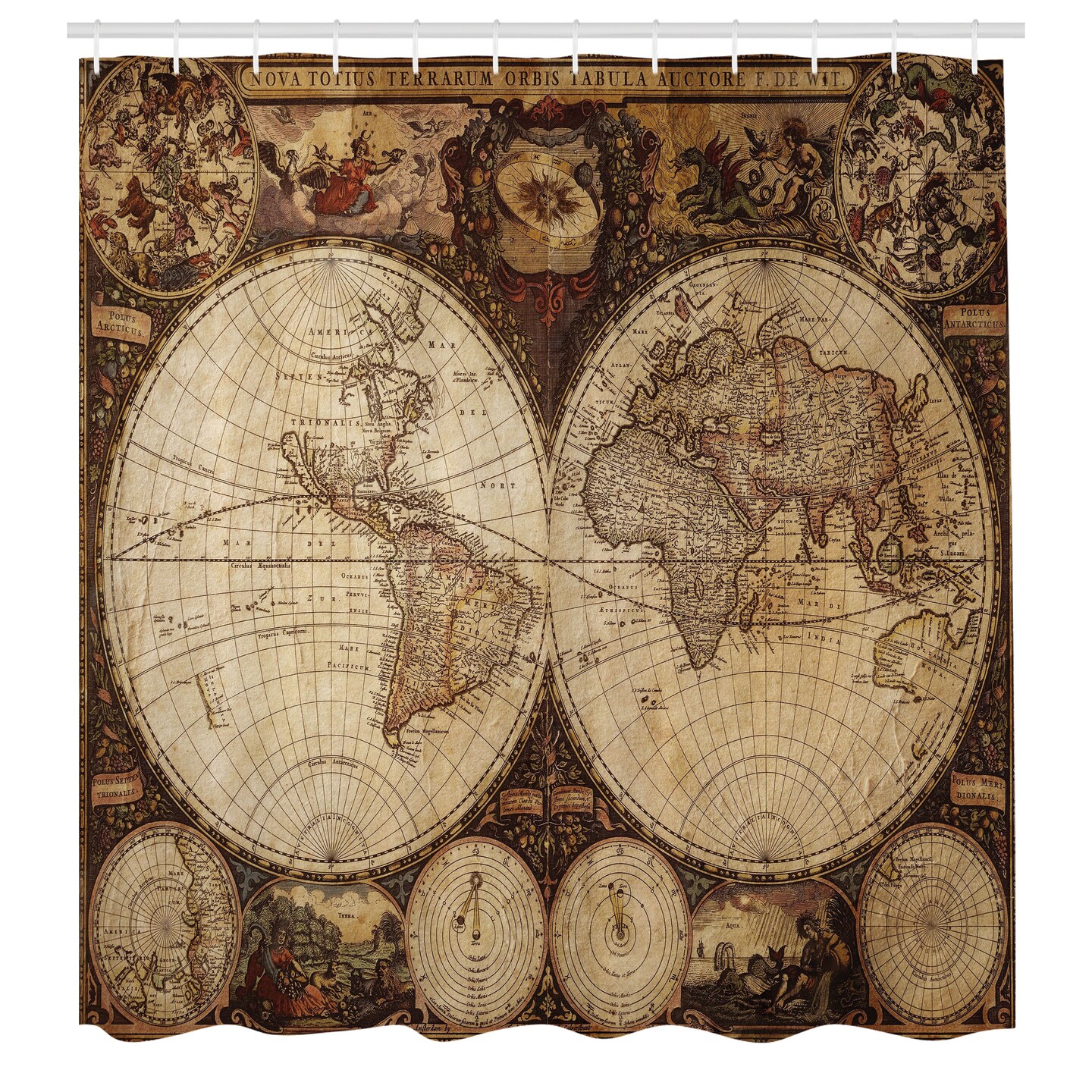 Ambesonne World Map Rustic Shower Curtain Retro Atlas Map Drawn in 1720&#x27;s Nostalgic Style Historical Vintage Design Cloth Fabric Decorative Set with Hooks for Master Bathroom 69&#x22; W x 70&#x22; L Multicolor