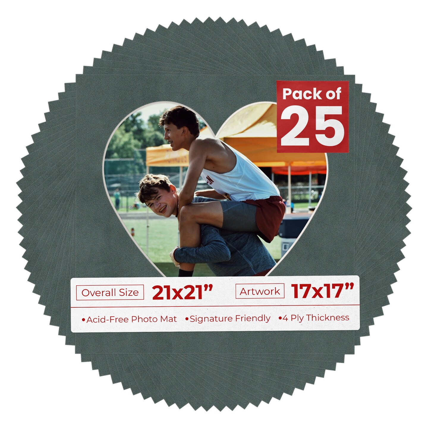 Dark Grey Suede Mat Board for 21x21 Frames - Heart Opening for 17x17 Photos