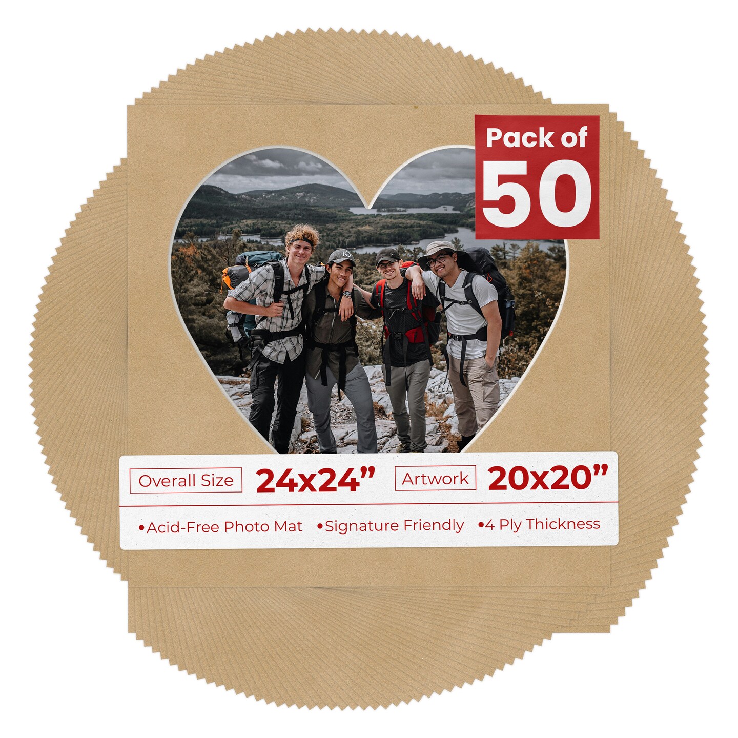 Beige Suede Mat Board for 24x24 Frames - Heart Opening for 20x20 Photos