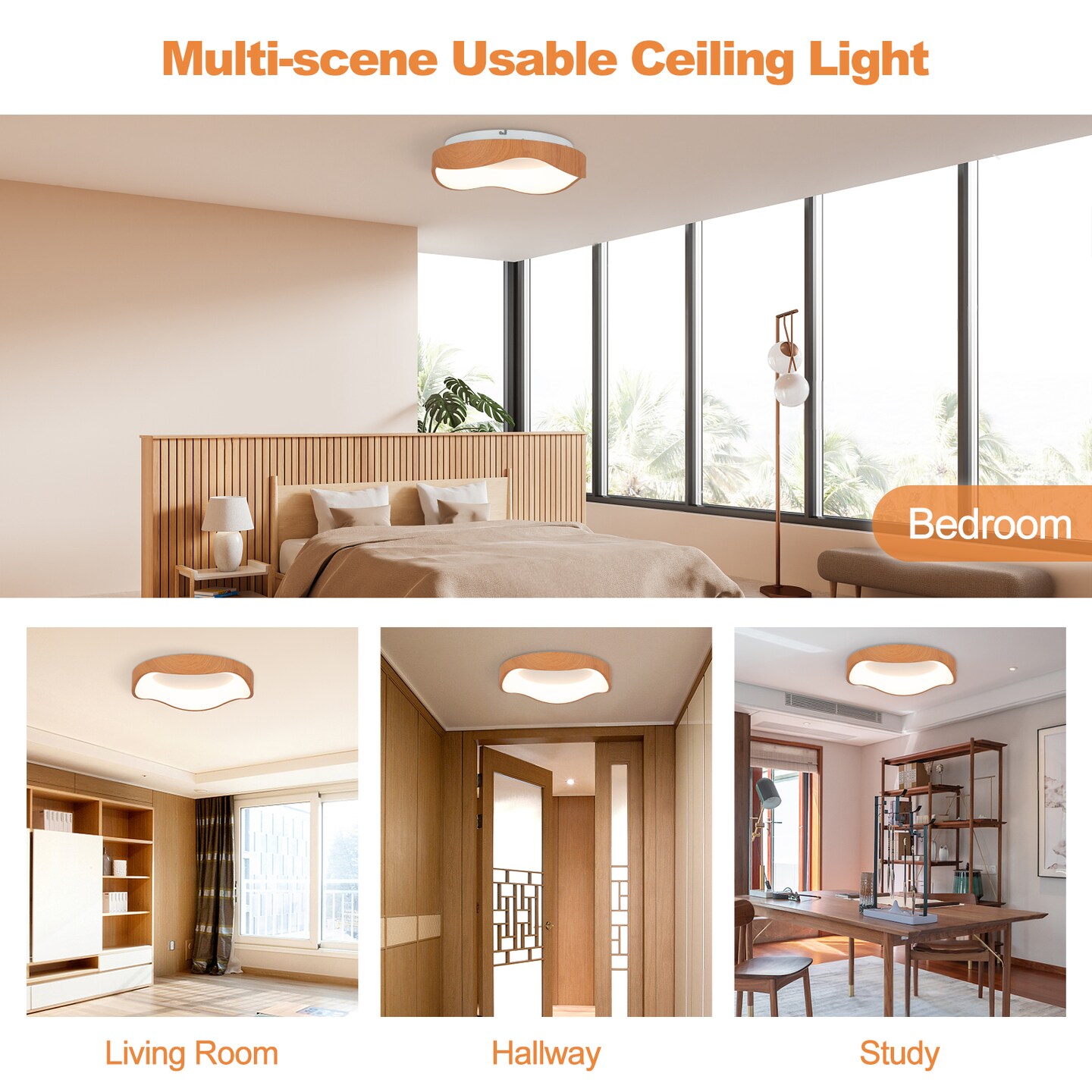 LED Ceiling Light 24W Wood Pattern with Metal Frame for Home Office Hallway