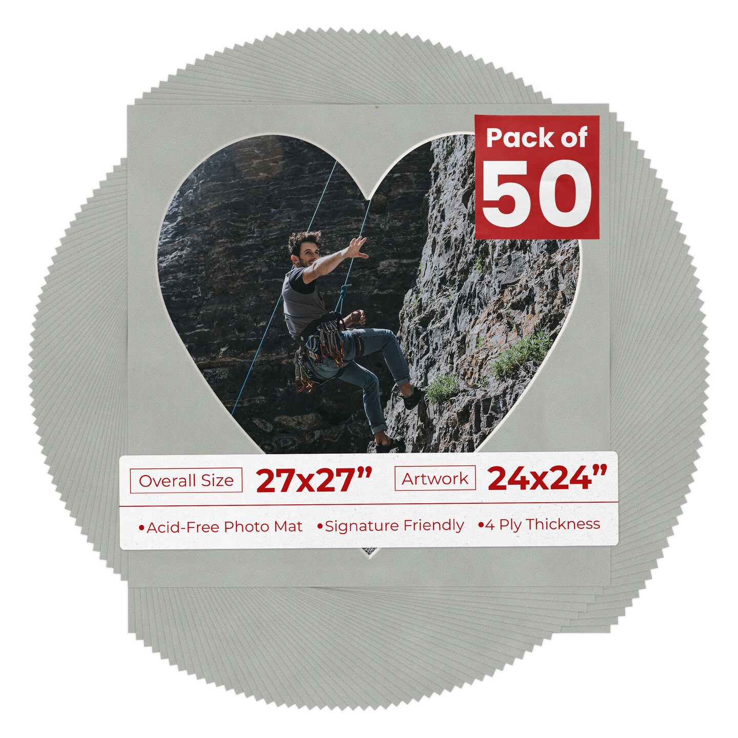 Light Grey Suede Mat Board for 27x27 Frames - Heart Opening for 24x24 Photos