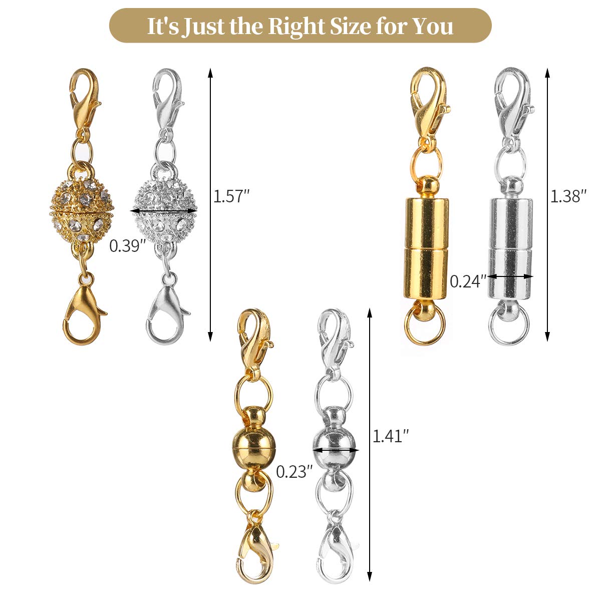 16 Pcs Magnetic Lobster Clasps for Jewelry Necklace Bracelet, Rhinestone Ball and Cylindrical + Ball Tone Lobster Clasp