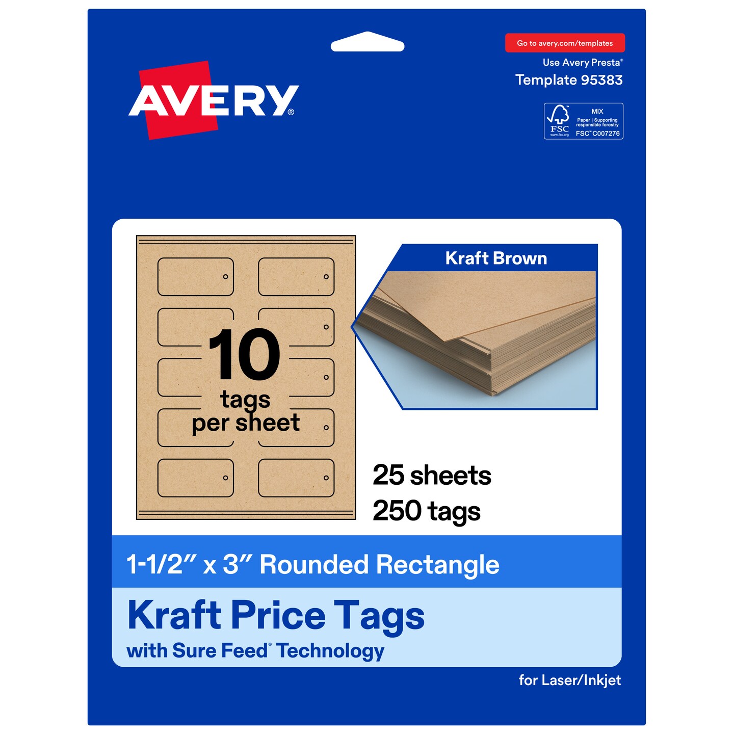 Avery Printable Rounded Rectangle Price Tags, Sure Feed Technology, 1-1/2" x 3", Matte Kraft Brown Cardstock, Print-to-The-Edge, Laser/Inkjet Printable, 100 Total