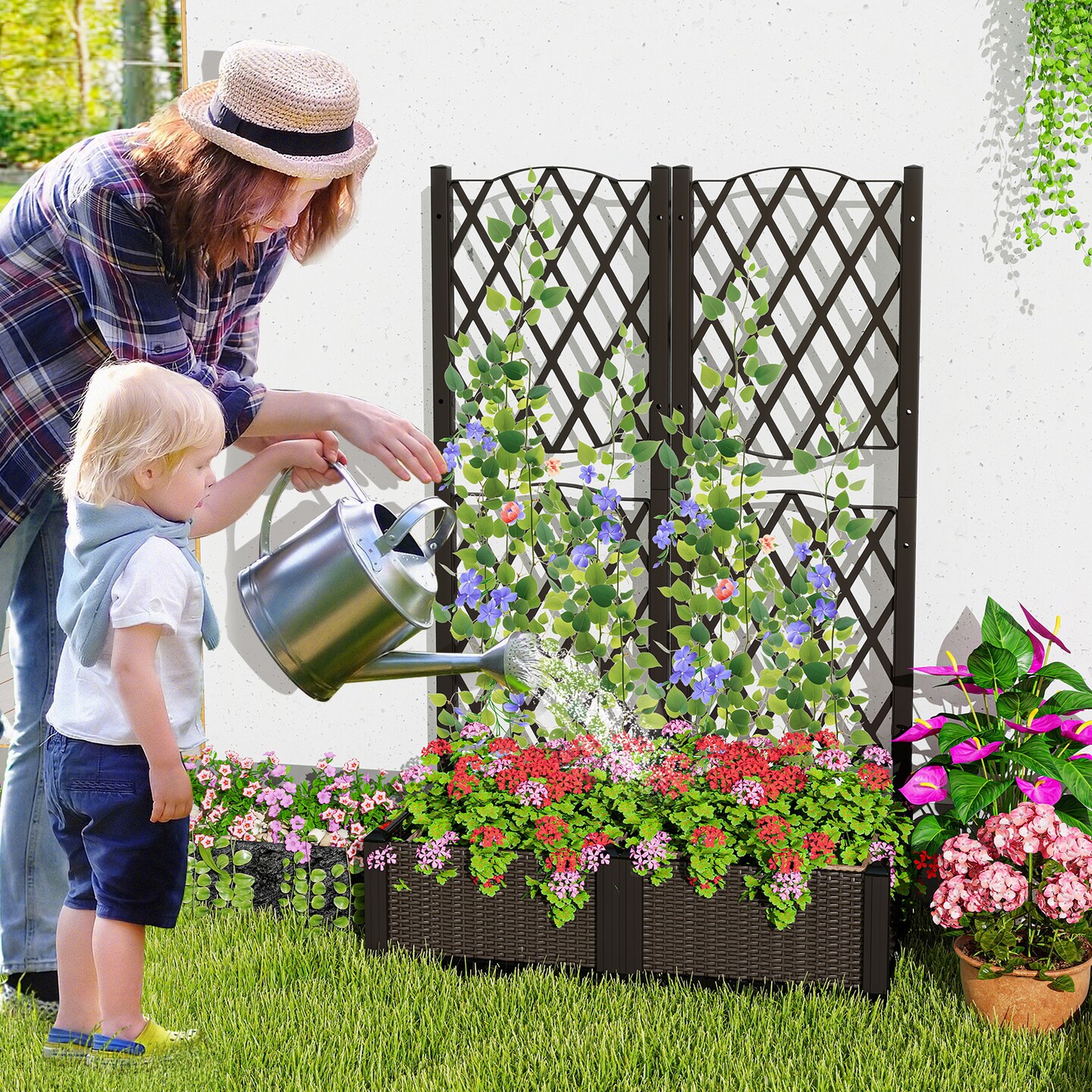 Set of 2 Raised Garden Beds PE Rattan with Trellis for Plants