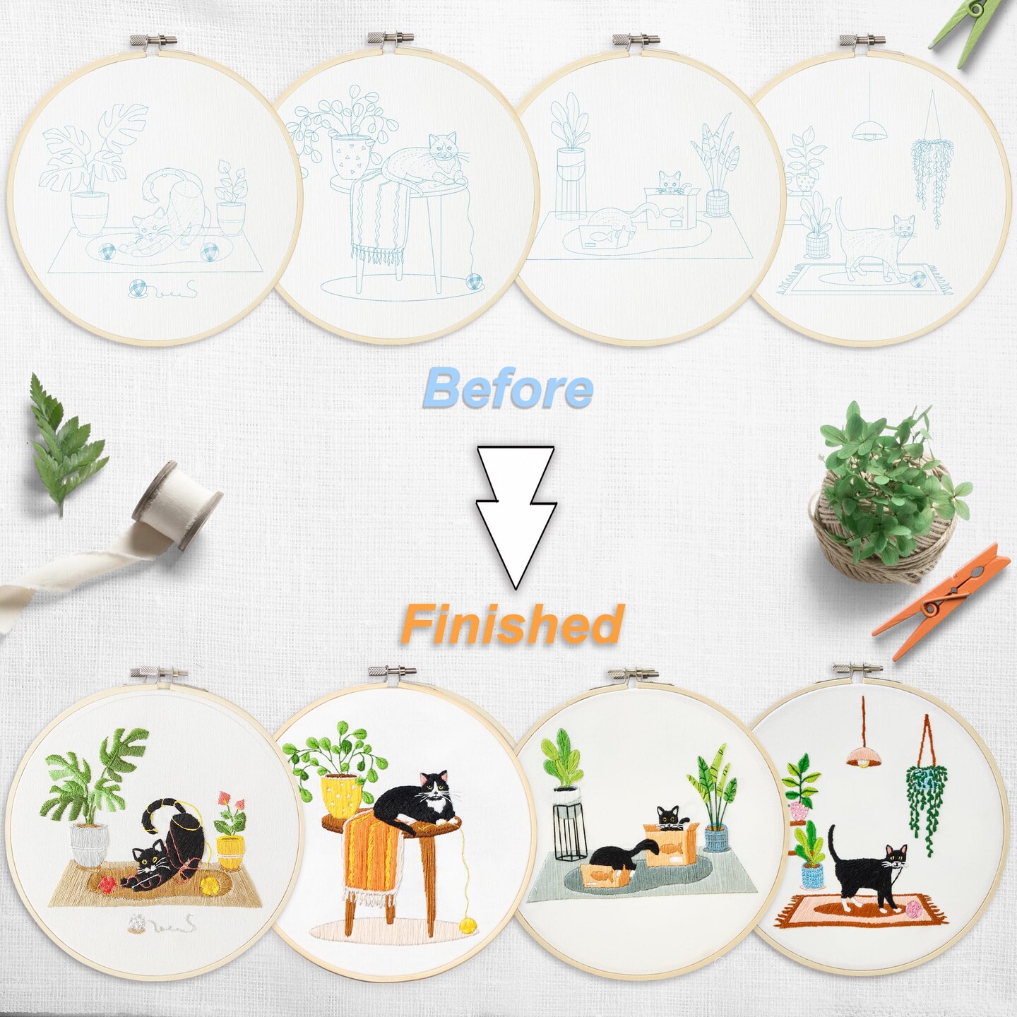 4 Sets Embroidery Set for Beginners, Art Craft, Easy Sewing, Includes Embroidery Clothing, Pattern, Embroidery Hoop, Instruction Manual, Colorful Thread Stitch Set (Cat)