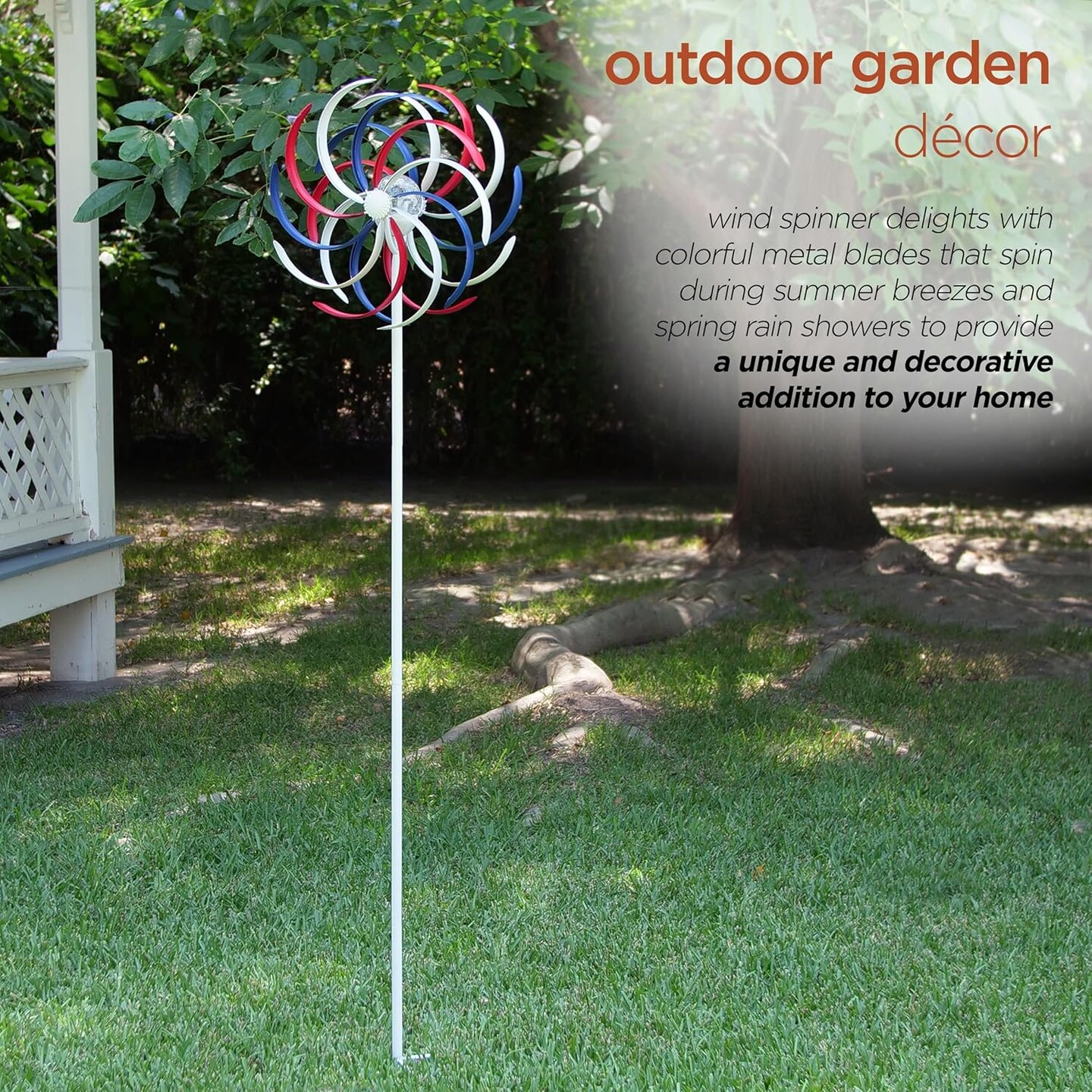 Tall Outdoor Solar Powered Patriotic Dual Windmill Spinner Stake Yard Decoration, Red, White, and Blue