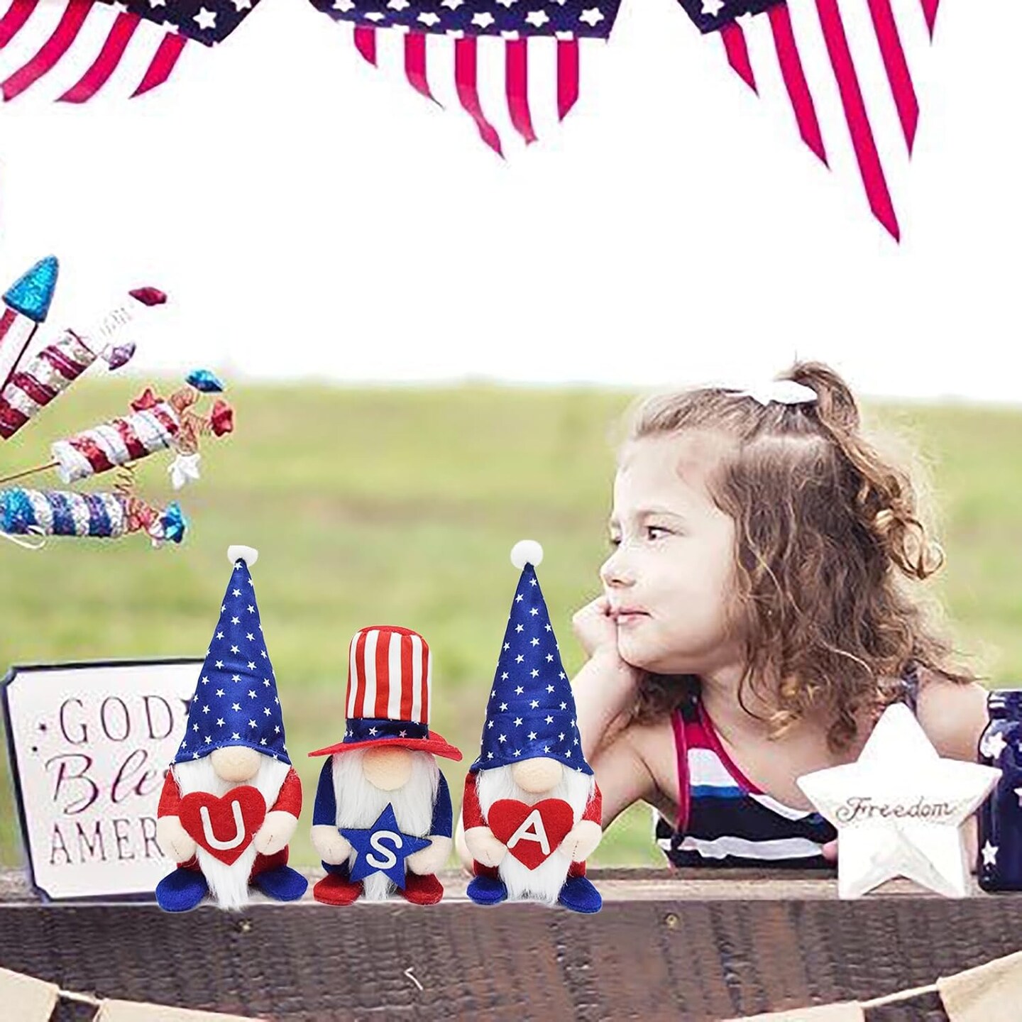 3 Pcs Patriotic Gnomes Decorations for Home, Handmade USA Election Santa Gonk National Memorial Day Ornament,Cute Tiered Table Decor 4th of July
