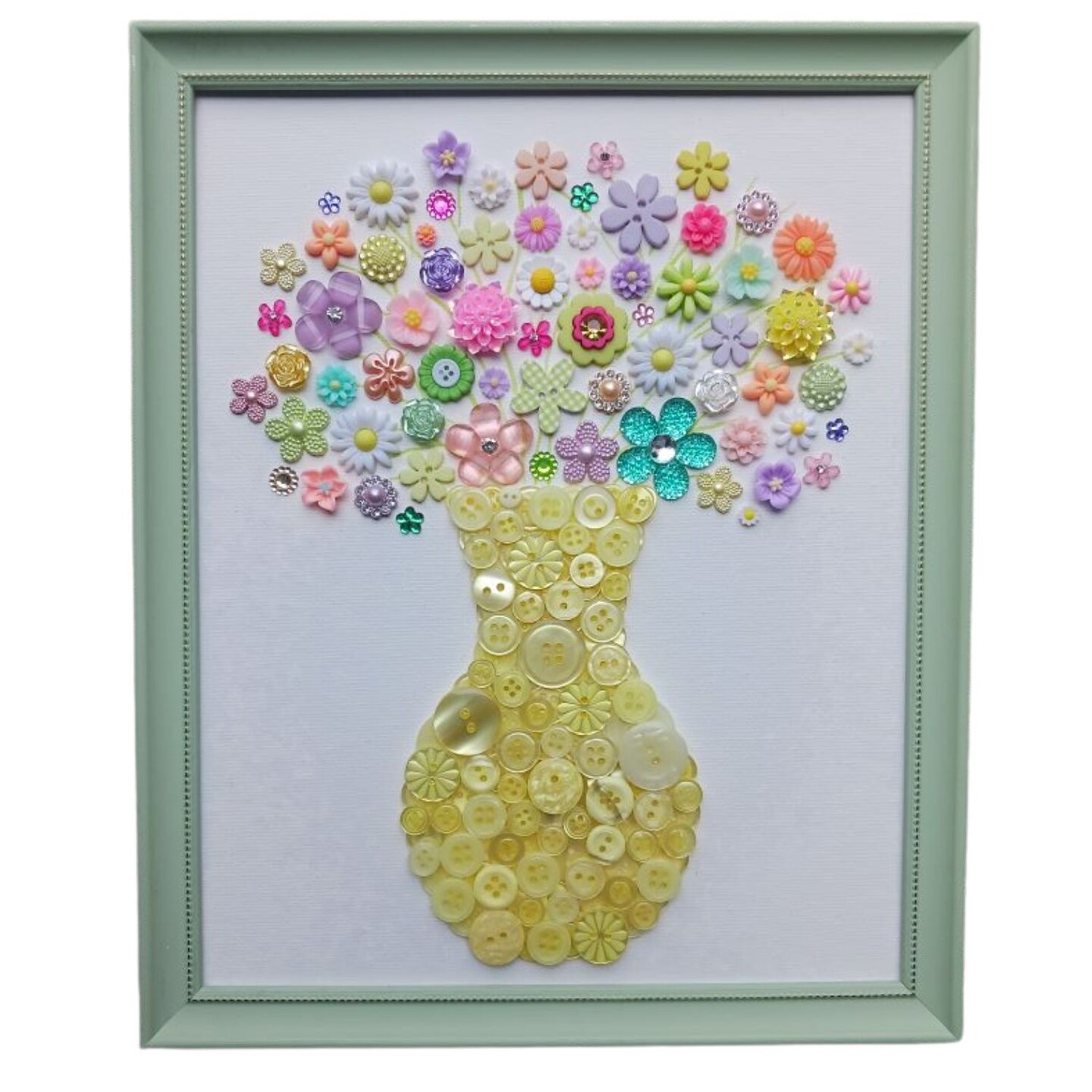 Flower Button Art Bundle | 75+ Assorted Flower Buttons + Yellow Fillers | Craft & DIY Decor Kit (8” x 10” Frame Size)