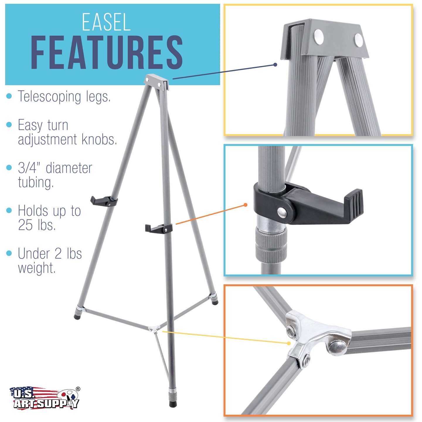66&#x22; High Gallery Silver Metal Display Easel - Large Adjustable Height Portable Easel Stand, Sign Display, Holds 25 lbs - Floor &#x26; Tabletop Easels, Painting Stand