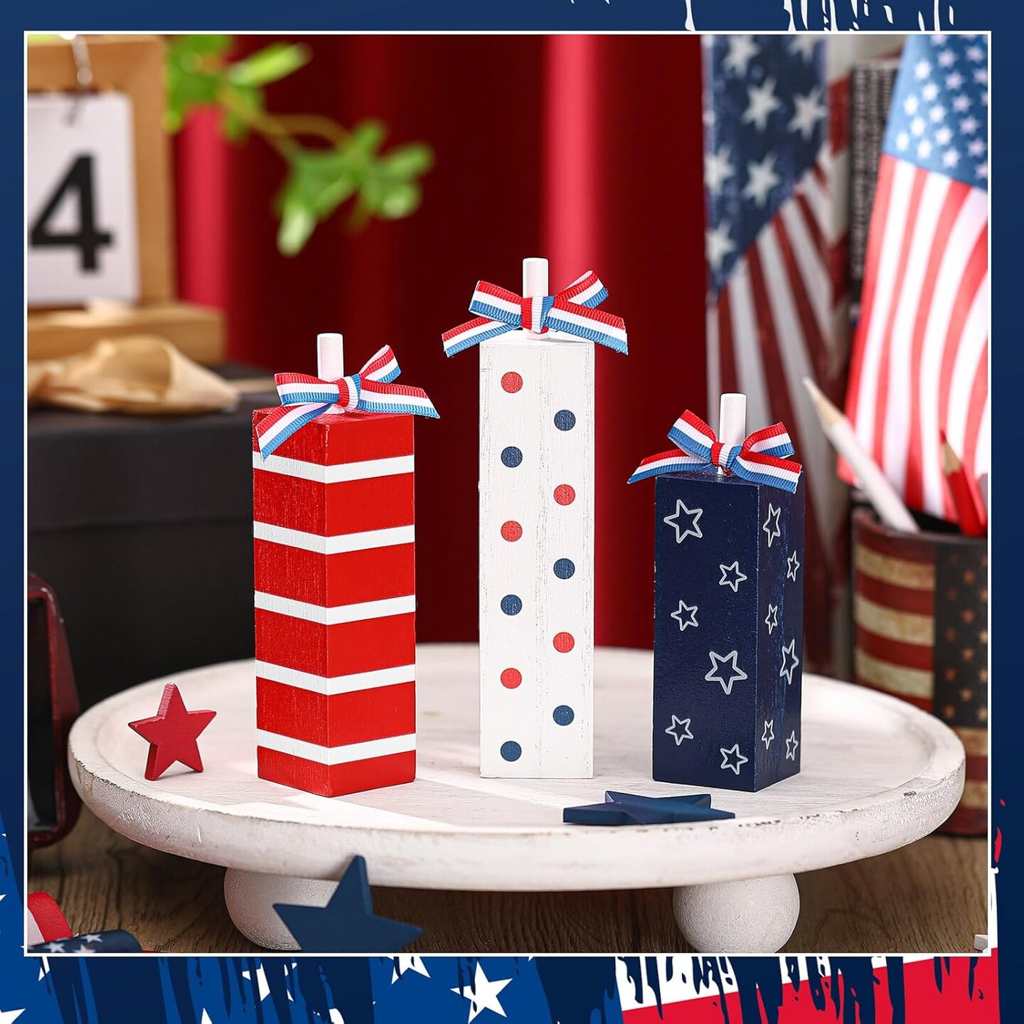 3 Pcs Patriotic Wooden Block Sign Memorial Day Decorations 4th of July Table Decor Red White Blue Tabletop Centerpieces Independence Day Tiered Tray Decor for Home Shelf(Rustic Style)