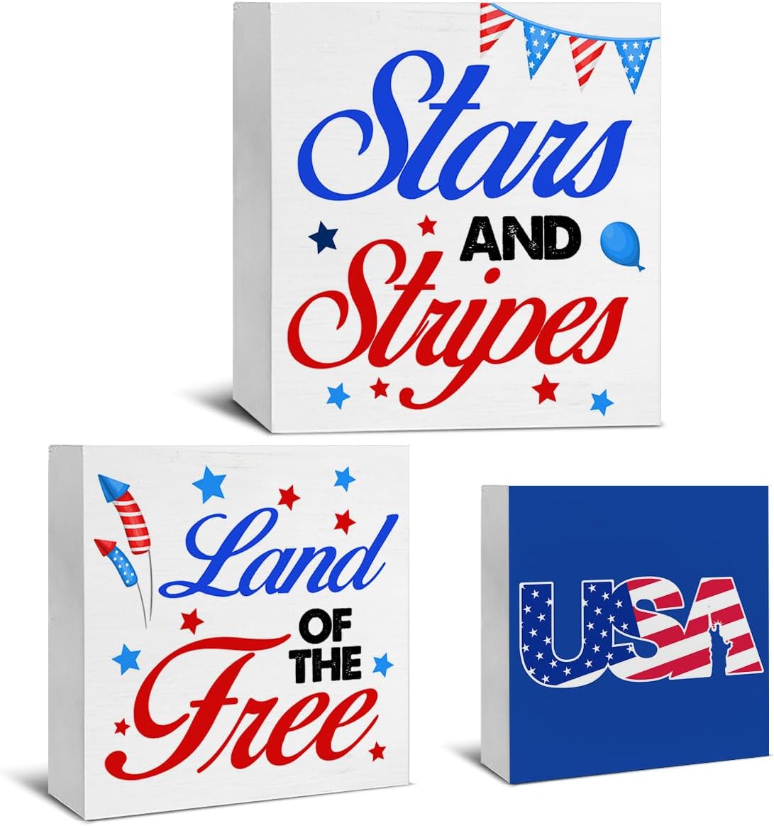 3 Pcs Patriotic Wood Signs Tabletop Decor America Wood Block Signs Independence Day Stars And Stripes Land of the Free USA Wooden Box Signs Decorations for Home Tiered Tray Desk Shelf