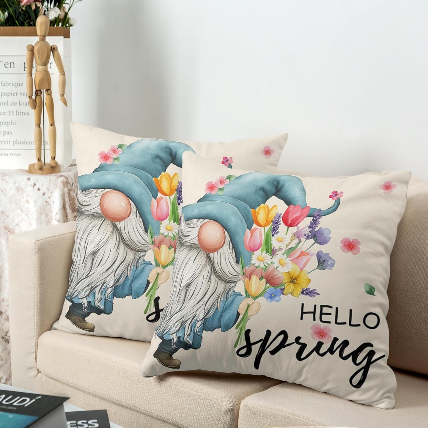 Hello Spring Pillow Covers 18x18 Set of 2 Gnome with Floral Throw Pillow Covers Colorful Flowers Decorative Pillow Case Cotton Blend Cushion Case for Living Room Couch Sofa