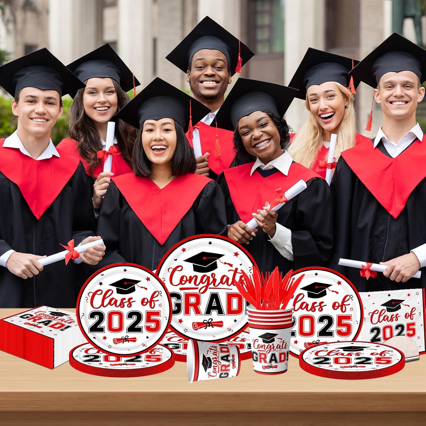 Red and Black Graduation Decorations Dinnerware Set, Class of 2025 Graduation Plates and Napkins, Graduation Plates and Cups and Napkins Set for Congrats Grad Party Decorations