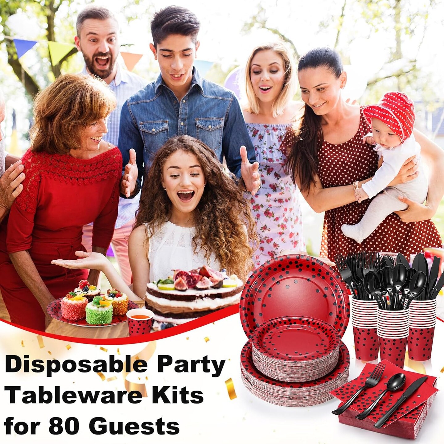 560 Pcs Red and Black Party Supplies for 80 Guests Disposable Tableware Set Red and Black Paper Plates Napkins Cups Black Plastic Forks Knives Spoons for Graduation Birthday Ladybug Party