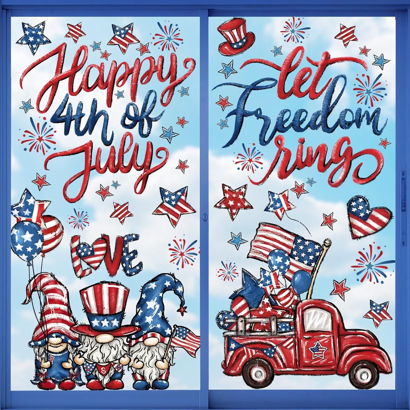 6 Sheets Patriotic Window Clings Happy 4th of July Window Stickers Gnome Truck Stars Firework USA Window Decals Independence Day Window Decor for Home School Office Party Glass Supplies