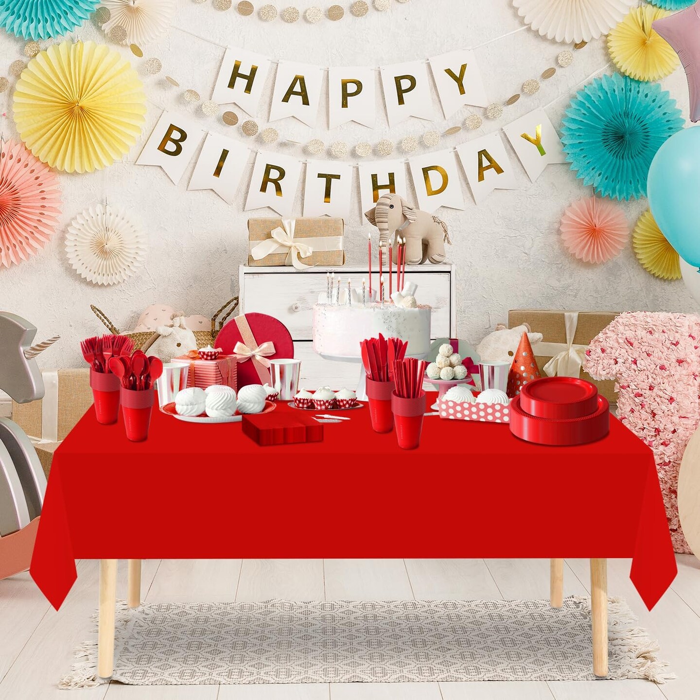 Disposable Plastic Tableware Set-484PCS Plastic Plates Set Includes 60 Of Each Dinner & Dessert Plates, Cups, traws, Spoons, Forks & Knives for Party (Red, 484PCS(60 Guests))