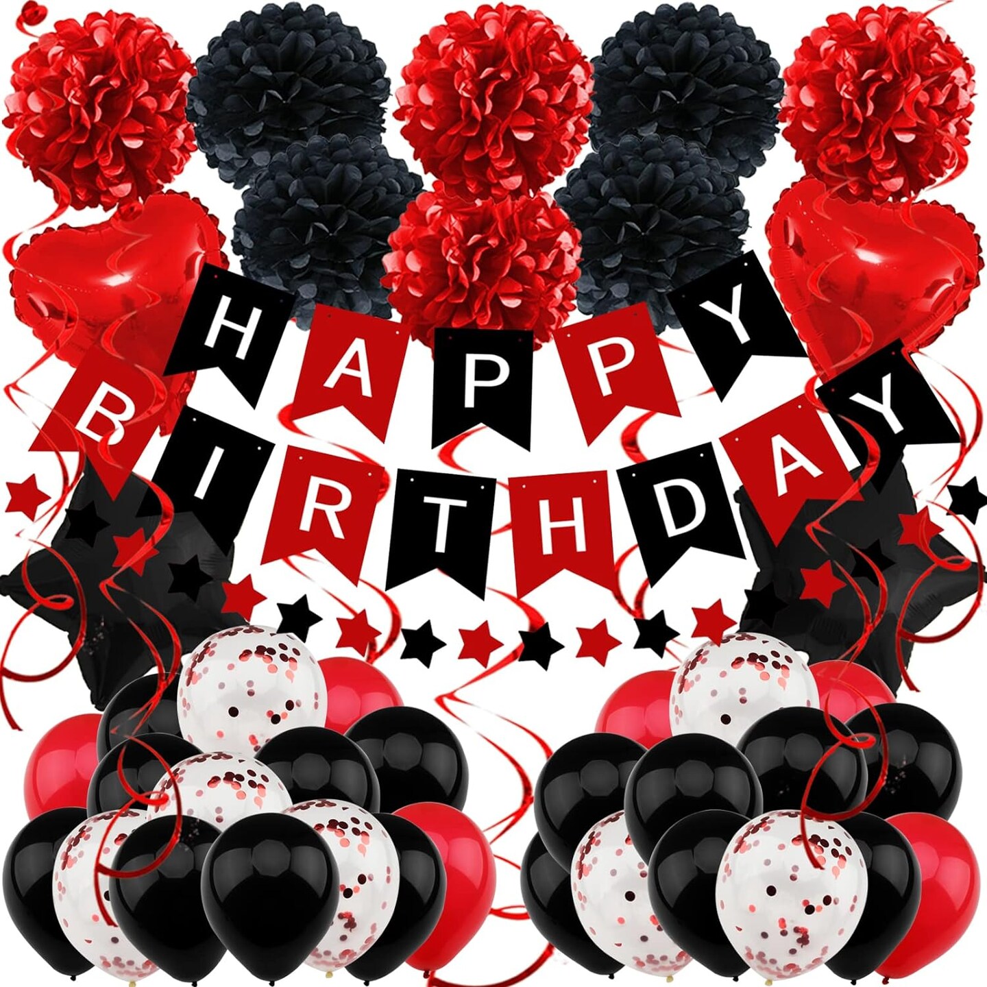 Birthday Decorations - Black &#x26; Red Party Decorations with Happy Birthday Banner, Pompoms, Balloons for Boys, Girls, Men &#x26; Women