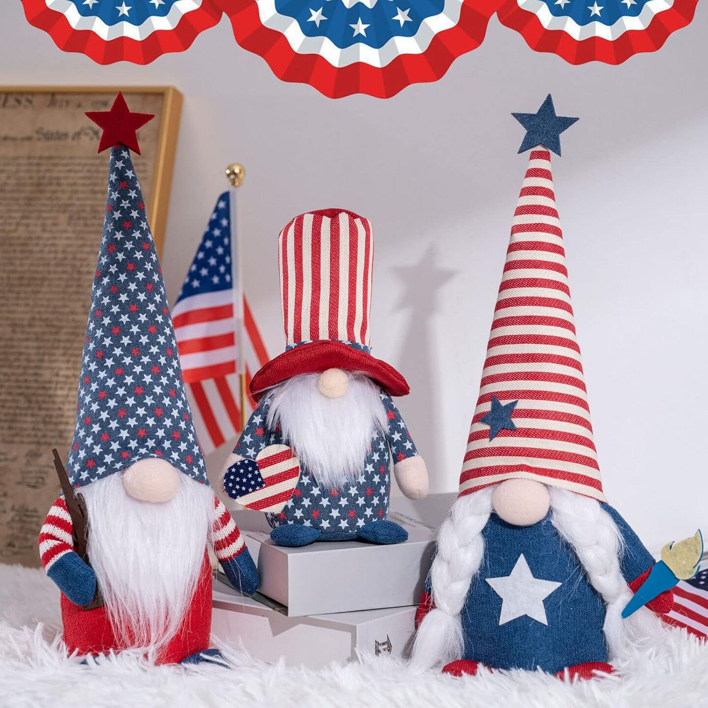 4th of July Patriotic Gnomes Decorations - 3PCS Handmade Gnomes American Stars&#x26;Stripes Plush Elf Scandinavian Tomte Veterans Memorial Day Gift - Fourth of July Independence Day Tabletop Decor