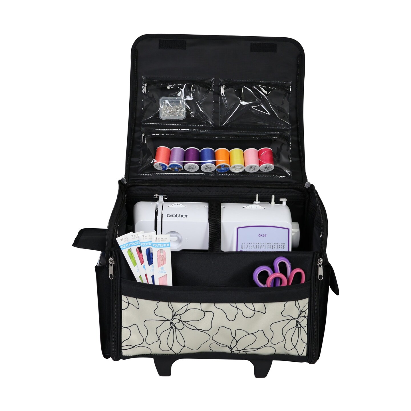 Everything Mary Collapsible Rolling Sewing Machine Tote - Premium Polyester Construction - Universal Fit - Portable with Dual Wheels and Telescoping Handle -Tan Line Floral