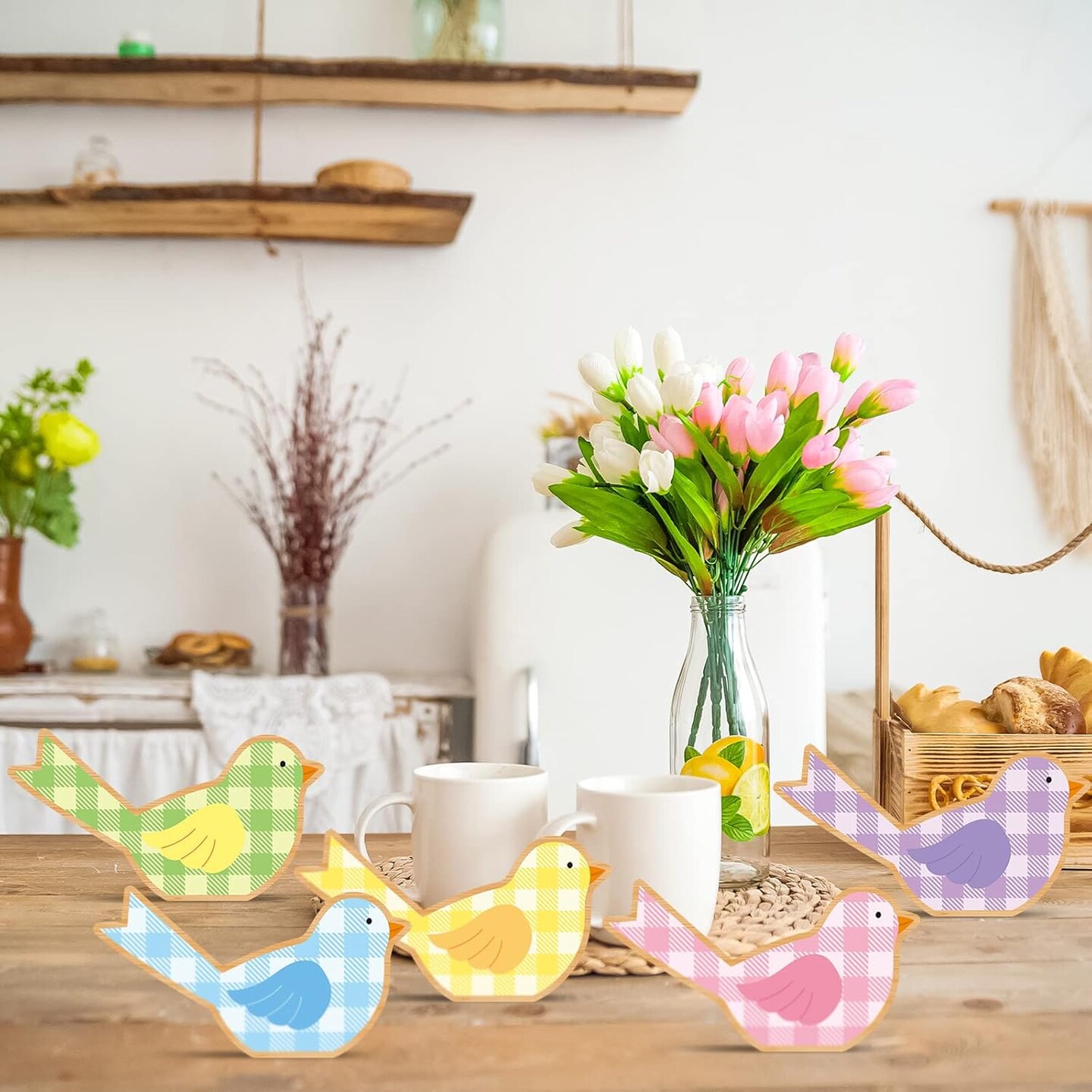 6 Pcs Spring Bird Decor for Home Wooden Birds