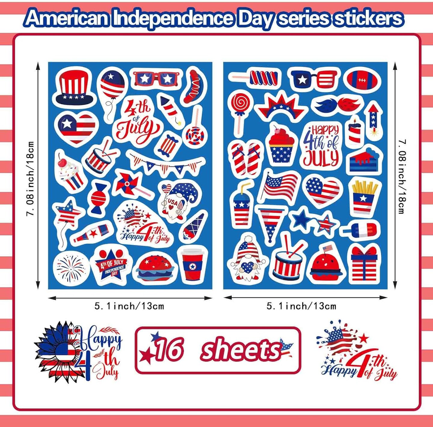 4th of July Patriotic Stickers - 16 Sheets