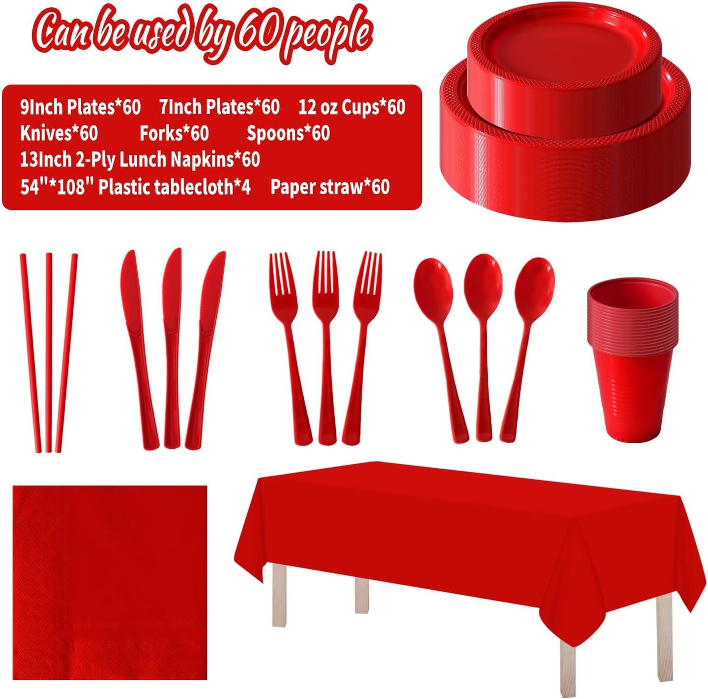 Disposable Plastic Tableware Set-484PCS Plastic Plates Set Includes 60 Of Each Dinner & Dessert Plates, Cups, traws, Spoons, Forks & Knives for Party (Red, 484PCS(60 Guests))