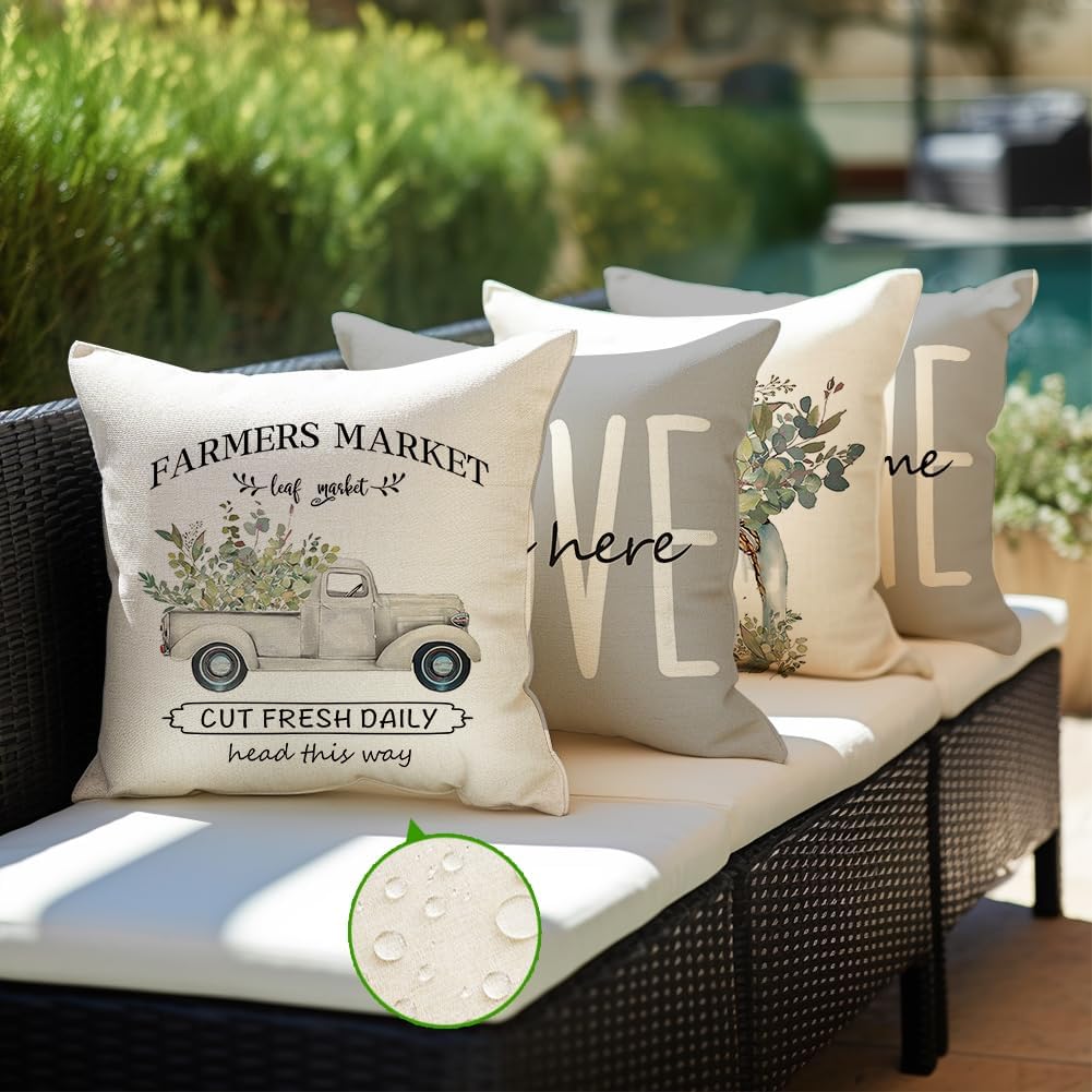 Farmhouse Pillow Covers 18x18 Inch,Outdoor Waterproof Home Sweet Home Truck Love Lives here Eucalyptus Leaves Cushion Case Decorations for Sofa Couch Set of 4 Gray