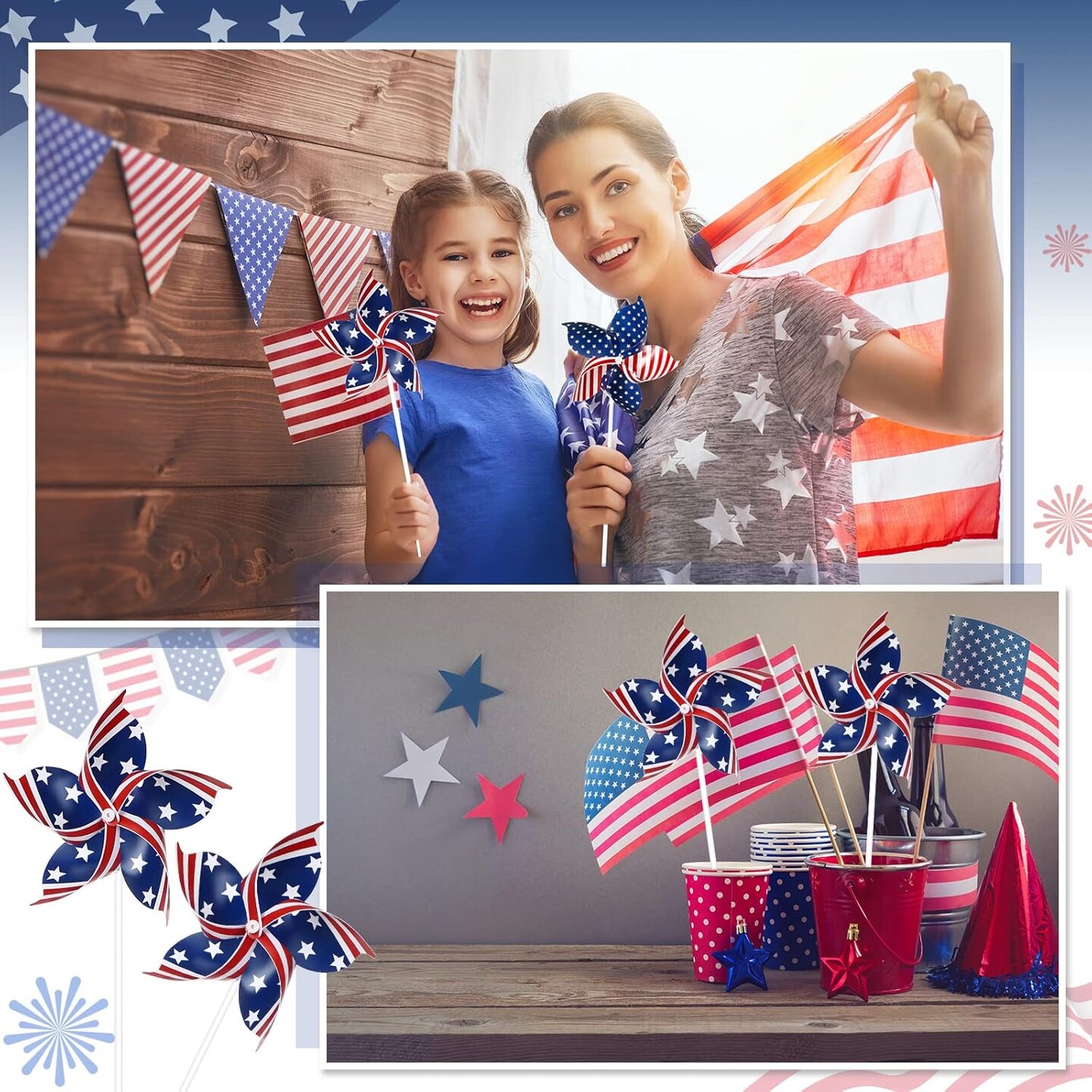 80 Pcs American Flag Patriotic Pinwheels 4th of July Decor Red White and Blue Windmills Fourth of July Independence Day