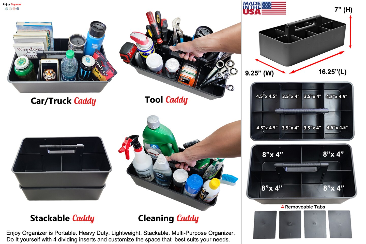 Enjoy Organizer- Commercial Large Portable Caddy Stackable Carry Caddy, Black, Carrier for Cleaning Supplies, Tools, All-Purpose Carry Caddy Made In USA