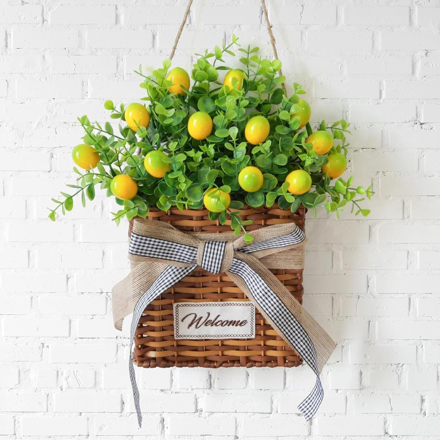 Yellow Lemon Summer Wreath – Artificial Spring & Summer Door Hanger with Green Leaves, Farmhouse-Style Basket Wreath for Front Door, Wall, and All-Season Home Décor