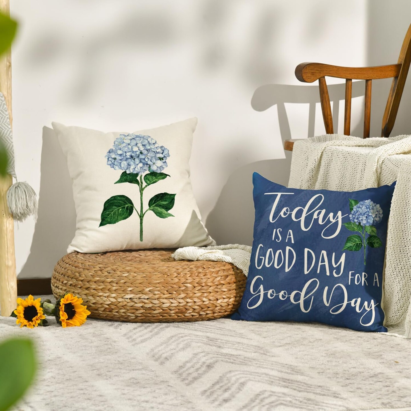Blue Hydrangea Spring Summer Throw Pillow Covers, 18 x 18 Inch Today is A Good Day Dark Blue Cushion Case Decoration for Sofa Couch Set of 4