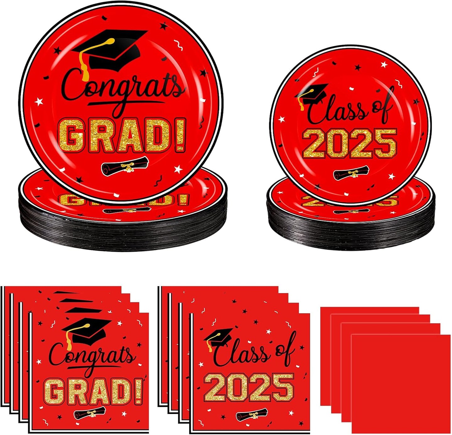 200 Pcs Graduation Table Decorations Party Supplies - Red Black Graduation Plates and Napkins Class of 2025 Disposable Dinnerware Set for College High School Congrats Graduation Party Favors, Serve 50