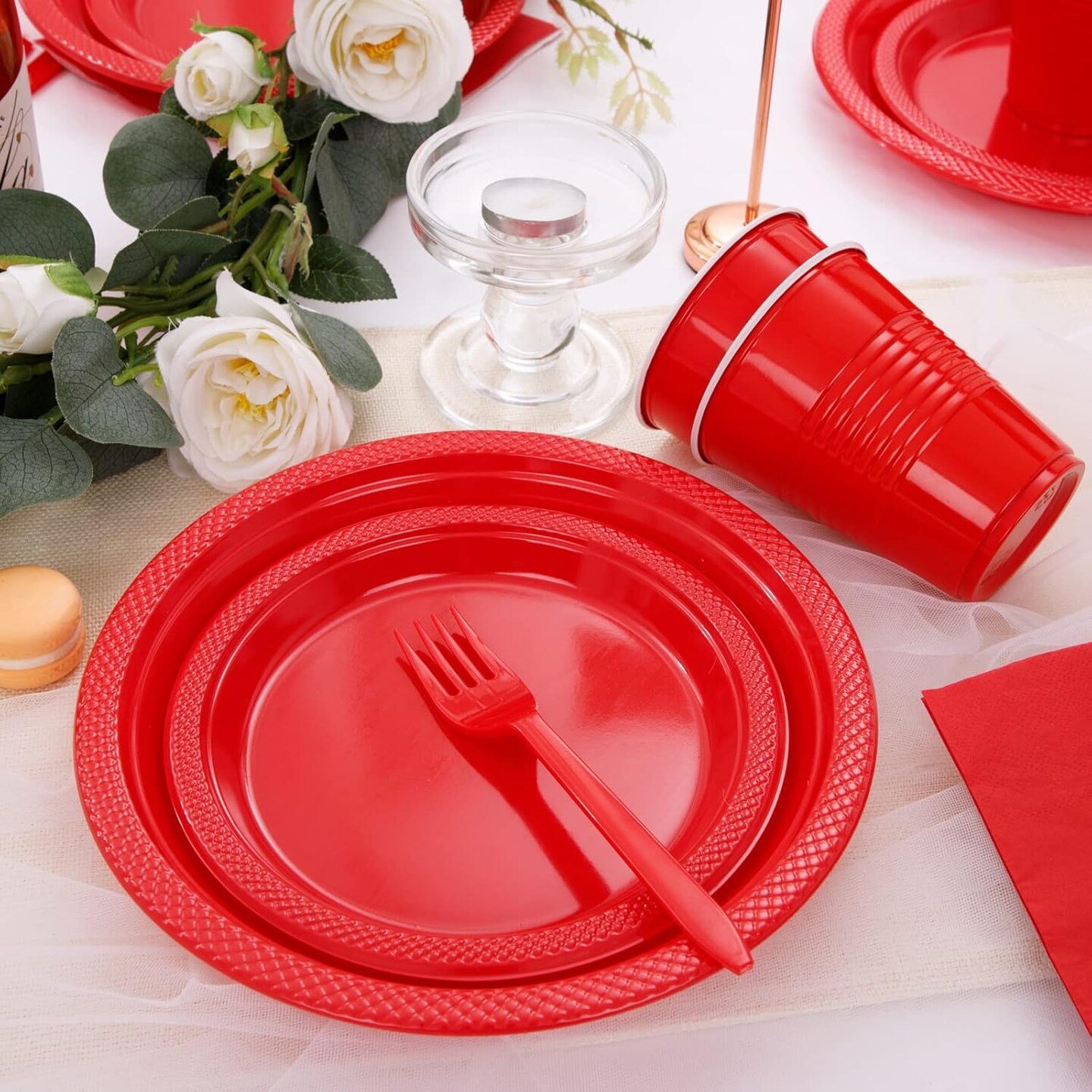 210 Pieces Red Party Supplies Disposable Dinnerware Set, Including Red Plastic Plates, 12OZ Cups, Plastic Cutlery and Paper Napkins
