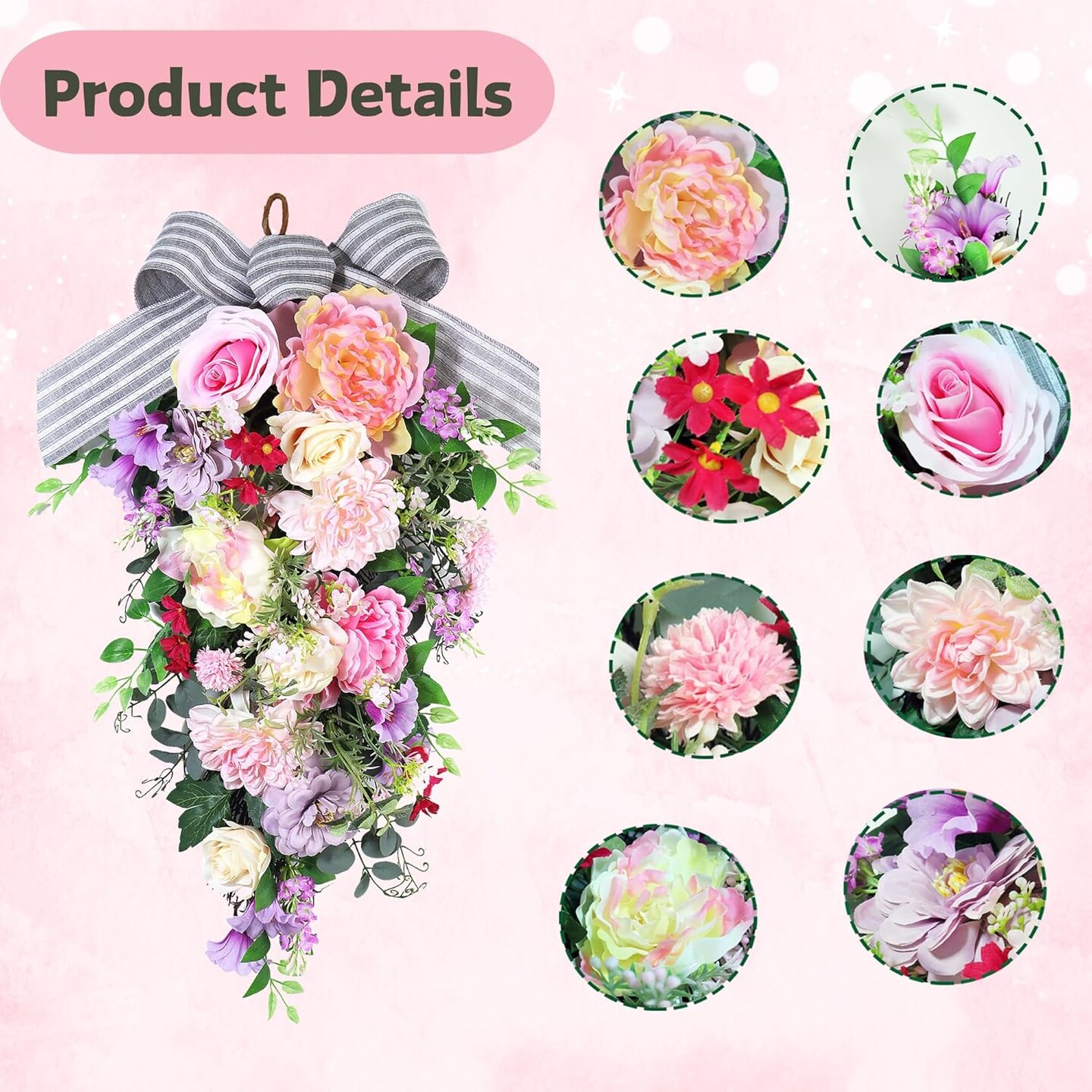 24-Inch Lighted Spring Peony Swag – Artificial Teardrop Wreath for Front Door